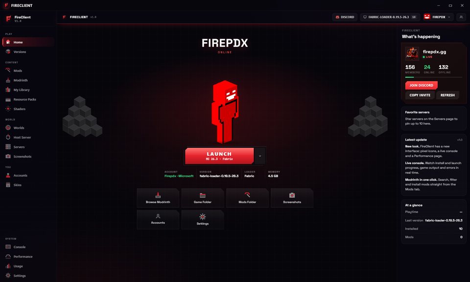 FireClient launcher home page with a Launch button, account and version details, a sidebar for versions, mods, worlds, servers and settings, and a Discord panel with member counts